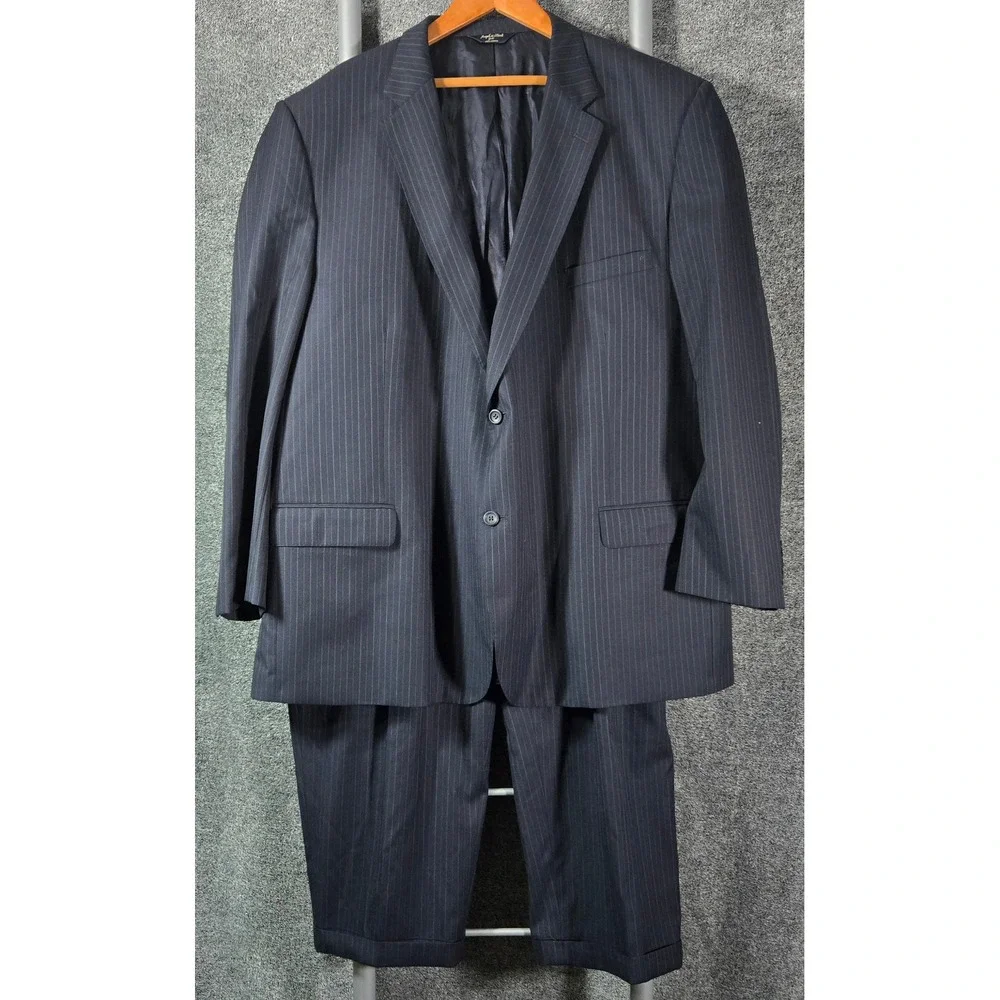 Joseph & Feiss Gold Super 120s Navy Pinstripe Suit 2-Button Pleated Cuffed 52x29